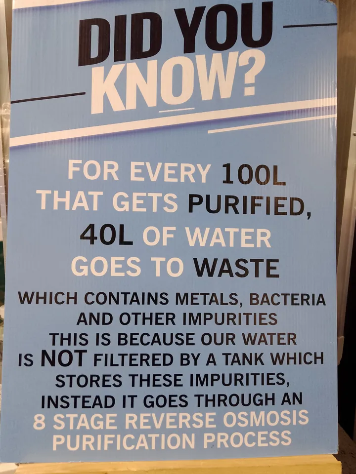 Did you know? For every 100L that gets purified, 40L of water goes to waste, because our water goes through an 8-stage reverse osmosis purification process instead of being stored in a tank.